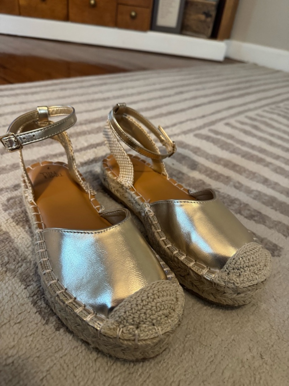 Time and Tru Metallic Gold Espadrille Platform Sandals with Ankle Strap